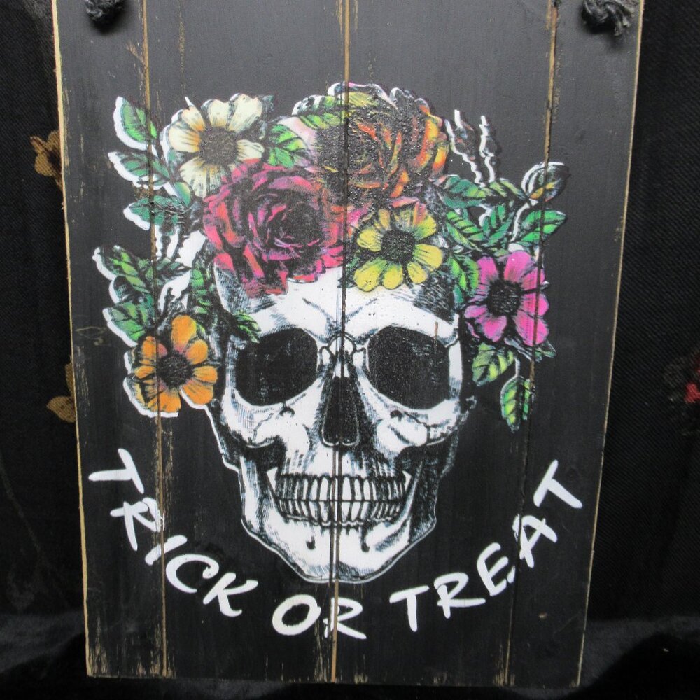 Halloween Wood Trick or Treat Sign Skull and Flowers Wall Door Decor